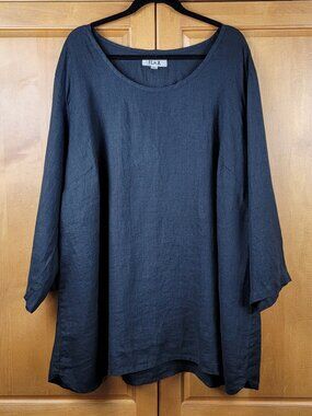 Flax Women's Black Linen 3/4 Sleeve Pullover Scoop Neck Top - Size 24-26